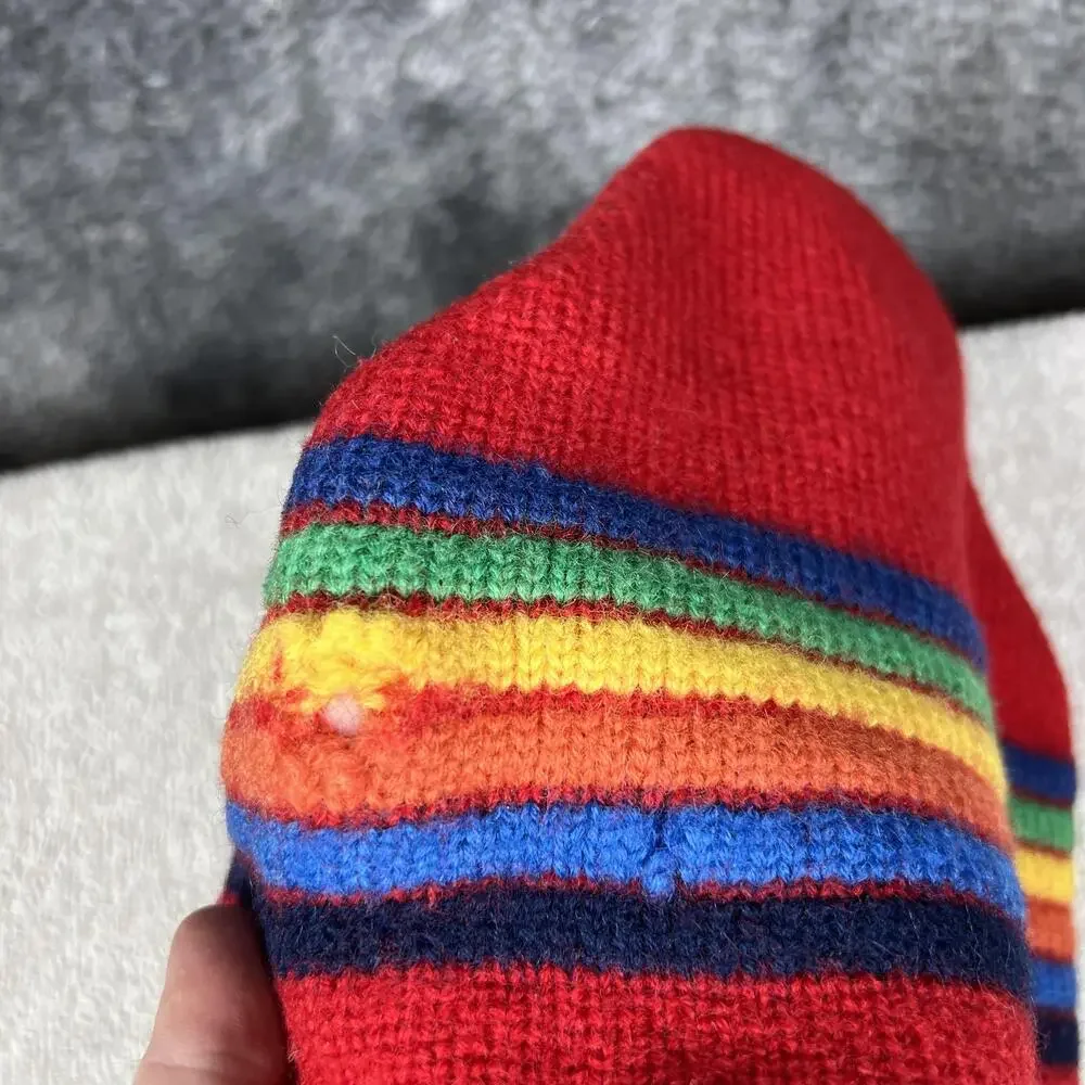 Hat Beanie Girls One Size Red 100% Wool Striped Rainbow Winter Cozy Casual